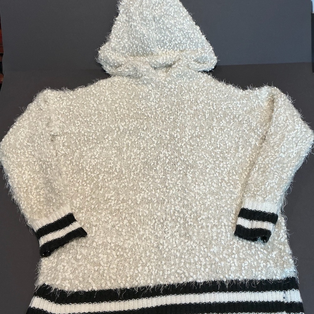 Hem & Thread Textured Hooded Cardigan Cream Black Striped Trim Size M - Picture 3 of 9